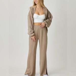 🛑Deal Of The Day🛑SOFT KNIT WIDE LEG WITH SLIT HEM LOUNGE PANTS IN SAND COLOR